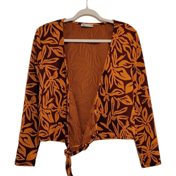 Zara Floral Wrap Crop Sweater Jacket Long Sleeve Orange Red Leaf Pattern Tie EUC - Picture 3 of 14